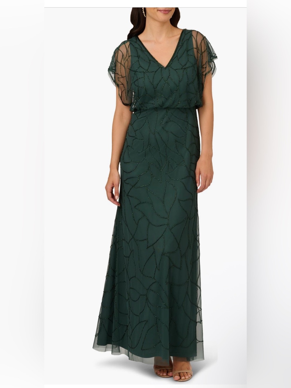 Adrianna Papell Dark Green Beaded Flutter Sleeve Gown NWT SZ 14 Formal MOB GALA